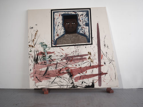 Intense red brush strokes and a portrait of a man painted on canvas