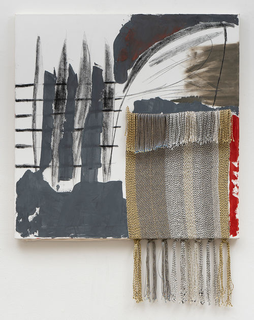 Abstract painting with a multicolored weaving incorporated into it