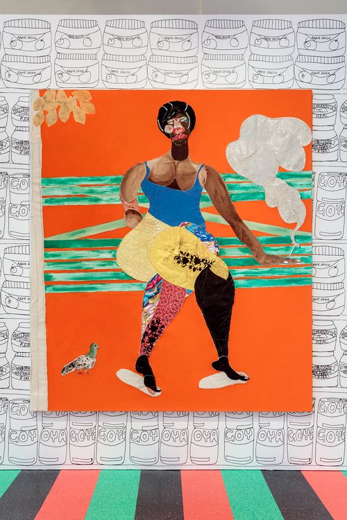 Colorful background, full body painted portrait of a woman