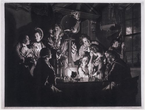 Scene of people surrounding an old time air pump