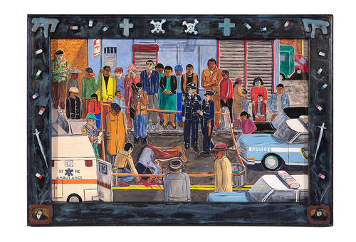 Painting of a street scene with a dead body laying in the street surrounded by police, cameramen, and bystanders