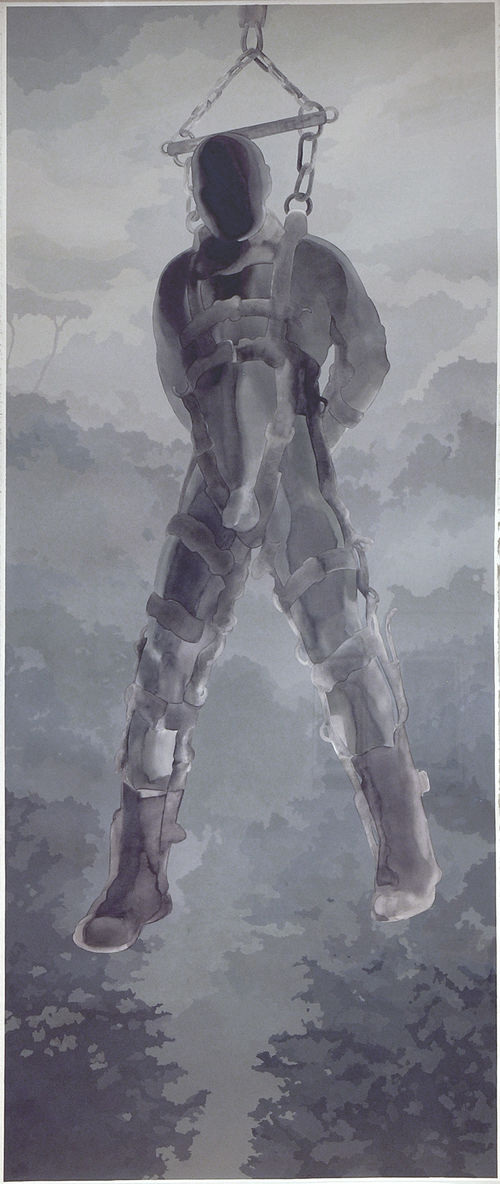 Painting of a figure dressed in head to toe black latex suspended from chains