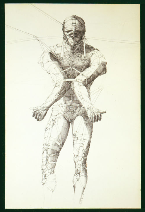 Drawing of a figure completely bound by straps