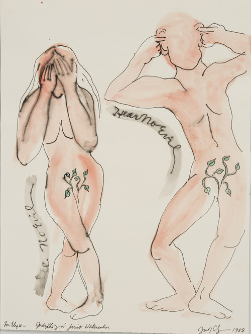 Watercolor painting of two faceless nude figures, with their genitalia covered by leaves