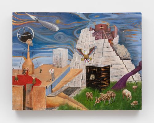 Painting on wood of a bomb heading toward a pyramid with an eagle logo on its front