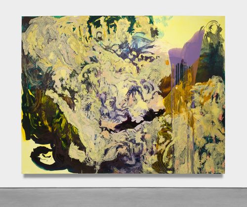 Abstract painting in green and lavender tones