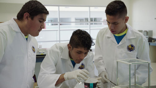 Three boys working in a science lab