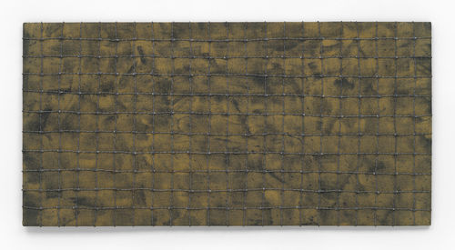 A painting in natural colors, wrapped in a grid of barbed wire