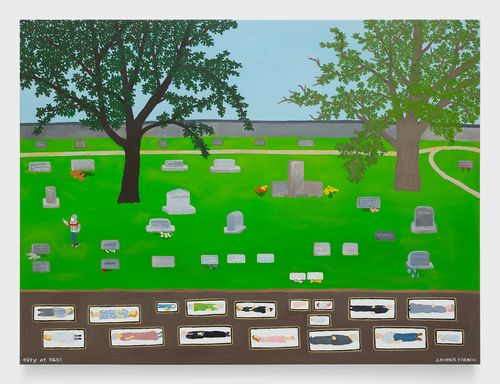 Image of a cemetery, with people in coffins visible under the ground