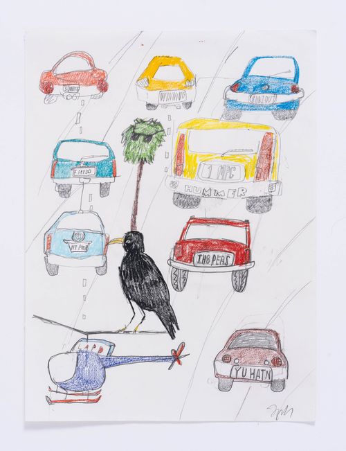 Childish drawing of cars with vanity license plates
