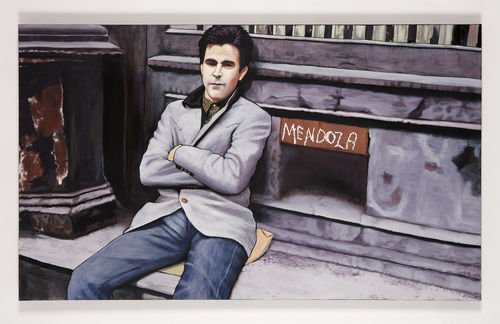Painting of a man, sitting with arms crossed next to a piece of graffiti reading "Mendoza"