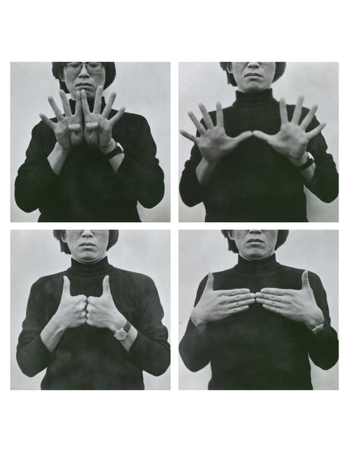 Grid of 4 images of a woman putting her hands in front of the lens
