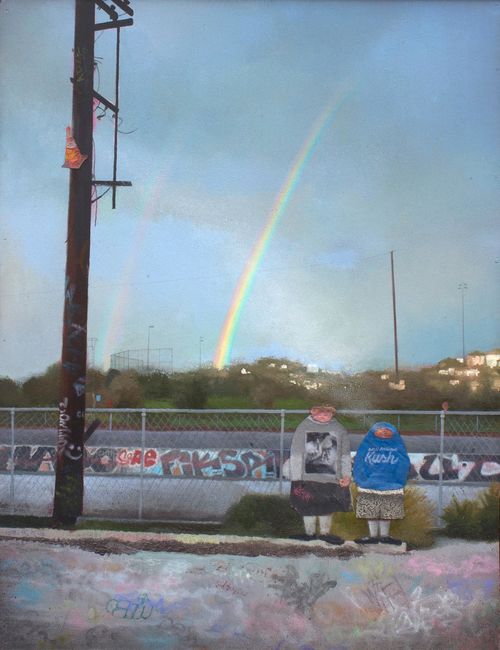 Painting of two people looking across the LA River at a double rainbow