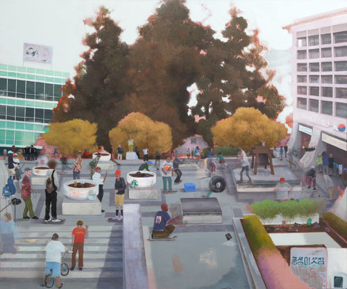 Painting of a busy Koreatown plaza