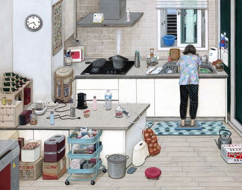 Painting of the artist's mother washing dishes at the sink of a cluttered kitchen