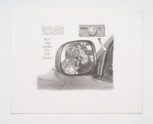 Drawn schematic of a rear-view mirror with the option to turn into a TV