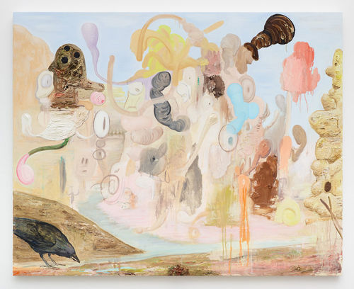 Painting of cartoonish figures in a landscape, with a black crow in the foreground