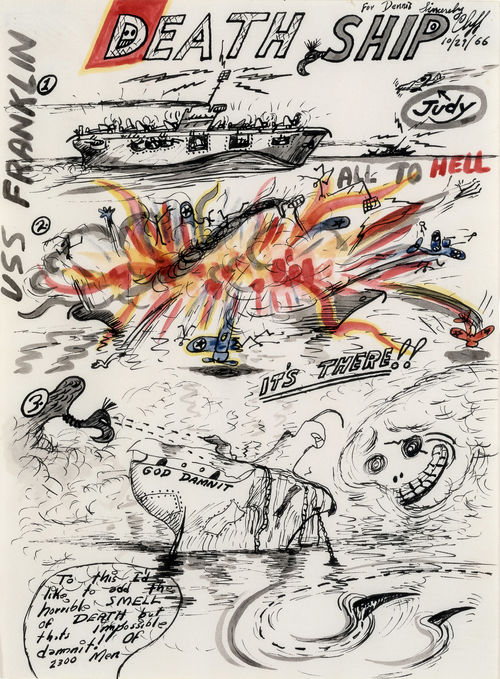 Hand drawing of three warships in battle