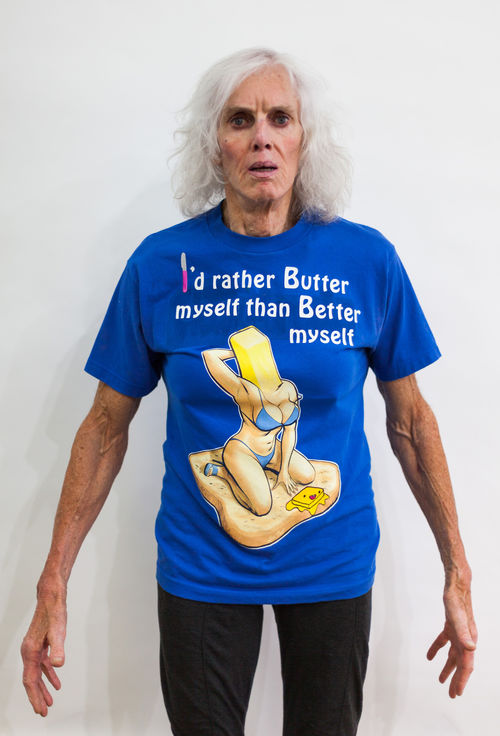 Pippa Garner wearing a shirt reading "I'd rather butter myself than better myself"