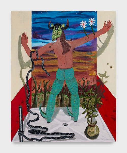 Painting of a shirtless figure wearing an animal mask, one arm caught in a rope