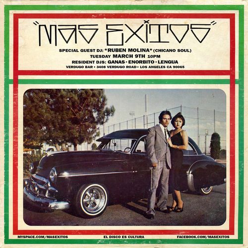 Mas Exitos flyer with photo of a couple standing in front of a vintage car