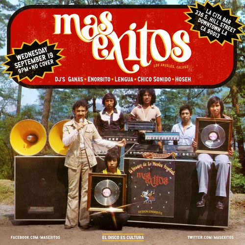 Mas Exitos flyer with archival image of six men, two holding framed records