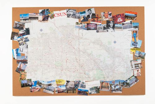 A road map circled with photos