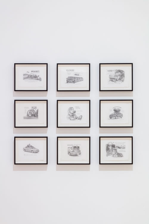 A grid of nine detailed drawings in black frames