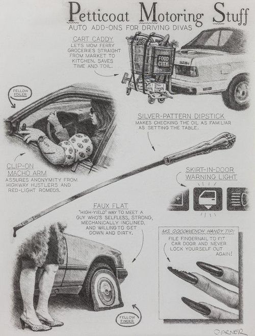 Detailed pencil drawing showing humorous ideas for women driver's