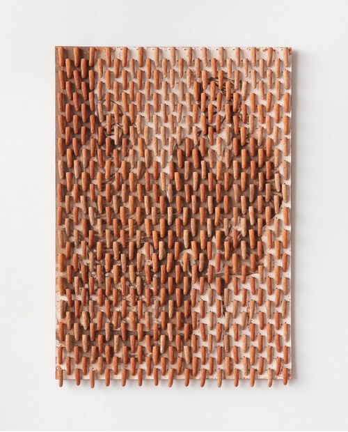 Artwork consisting of an image with a veil of ceramic fingers over it