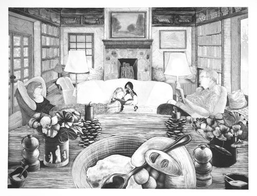 Etching of a scene in a living room