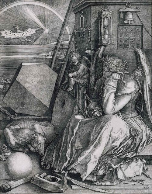 A winged figure sits and writes, while a baby and a dog sit nearby