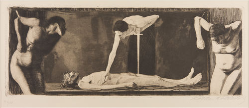 A nude figure in a crown of thorns lays as a figure leans over him with a sword