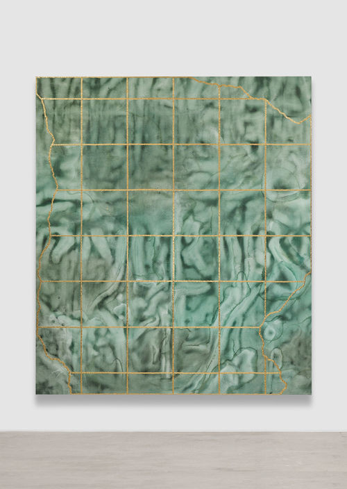 Colorful abstract painting with grid overlay