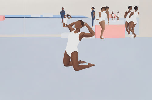A faceless Black gymnast kneels on the mat