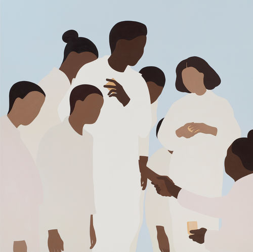 Faceless Black figures dressed in white, receiving medals