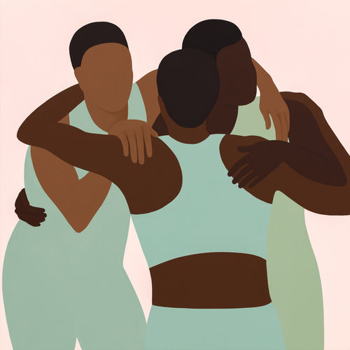 Three faceless Black figures embrace one another