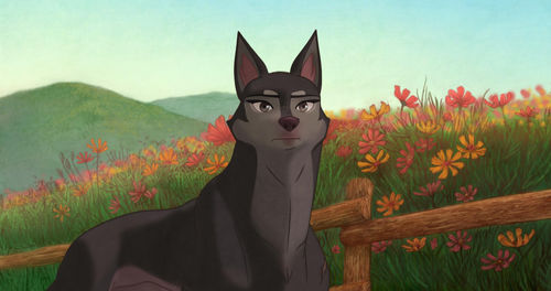 Animated still of a dark gray dog