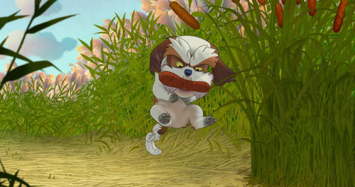 Animated still of a small dog hanging from a cattail
