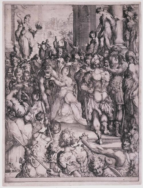 Etching of St. Lucy surrounded by a crowd