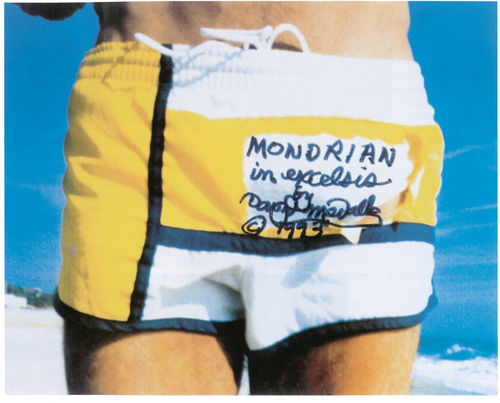 Photo of a man's swim trunks with the words "Mondrian in Excelsis" written on them