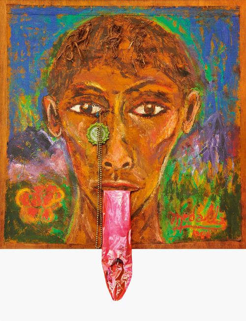 Painting of the artists, with his tongue hanging out, below the frame of the painting