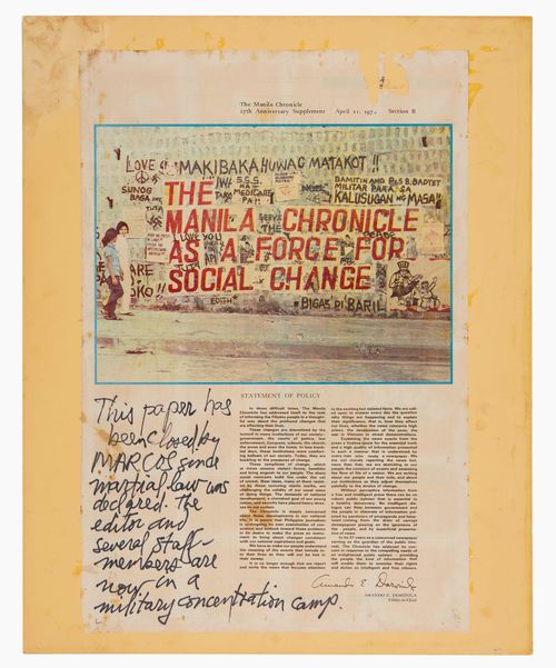 Sheet of paper with the message "THE MANILA CHRONICLE AS A FORCE FOR SOCIAL CHANGE"