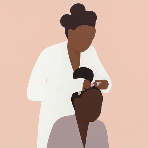 Painting of female figure in a white robe adjusting ribbon in the hair of another female figure in purple robe