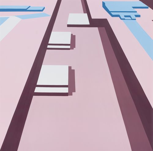 Abstract, geometric painting of gymnasium sprung floors