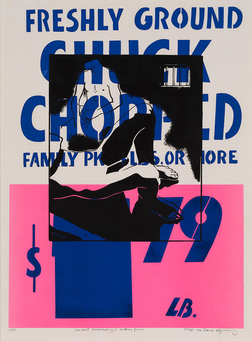 A photoprint of a man masturbating, printed over an advertisement for "freshly ground chuck"