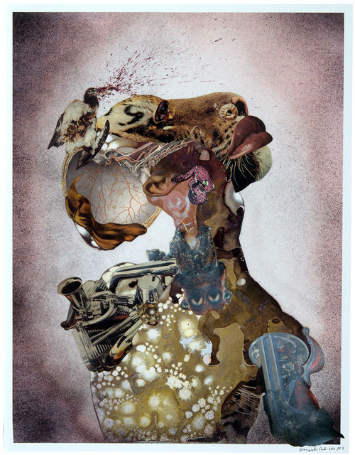 Collaged image of a form with human, animal, and mechanical features