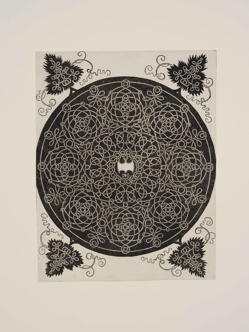 Woodcut with intricate floral and geometric engravings