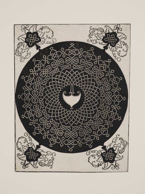 Woodcut with intricate floral and geometric engravings