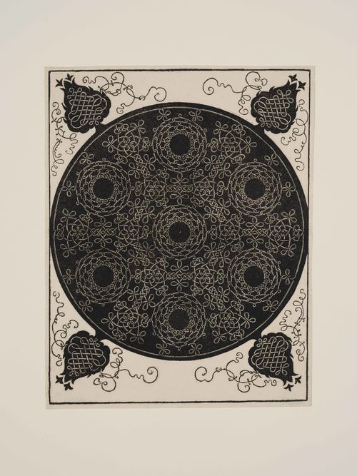 Woodcut with intricate floral and geometric engravings